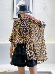 Leopard Print High-Low Loose Stand Collar Shirt