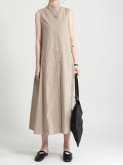 Solid Color Round Neck Pleated Slim Sleeveless Dress