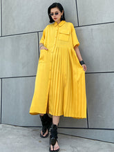 Original Roomy Pure Color Pleated Shirt Dress Midi Dress