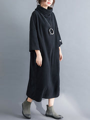 Stand Collar Soild Casual Midi Dress