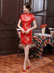 Red Plum Blossom Short Cheongsam Dress