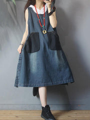 Vintage Pocket Splicing Sleeveless Jean Dress