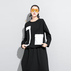 Women Color Block Pocket Bat Sleeve Blouse