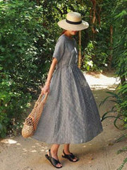 Ramie Cotton Plus Size Plaid Fresh Midi Dresses