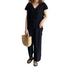 Loose Solid Color V-Neck Jumpsuit
