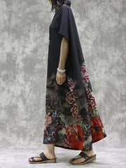 Vintage Floral Batwing Sleeve Round Neck Dress