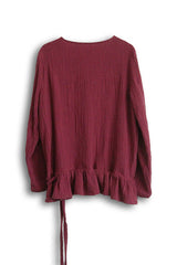 Original Design V-Neck Solid Color Loose Ruffled Lace-Up Top