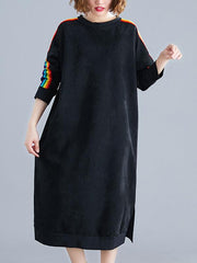 Loose Rainbow Striped Crew-Neck Midi Dress