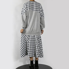 Loose Color-Block Plaid Midi Dress