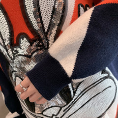 Sequined Cartoon Printed Round-Neck Sweater