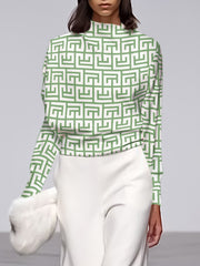 Long Sleeves Loose Geometric Printed Stand Collar T-Shirts Tops