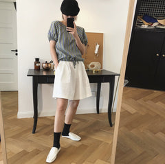 Round Neck Vertical Stripes Puff Sleeve Short Sleeve  Blouses T-Shirts Top