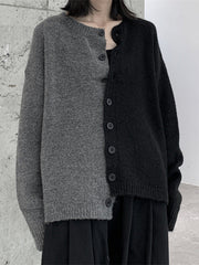 Asymmetric Buttoned Contrast Color Split-Joint Long Sleeves Roomy Round-Neck Cardigan Tops