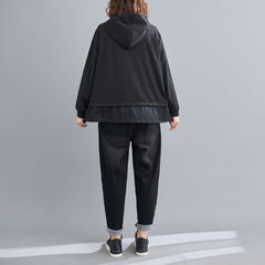 Women Loose Drawstring Pocket Stitching Hooded Sweatshirt
