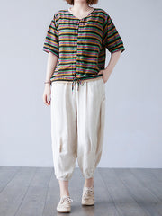 V-Neck Striped Short Sleeves Blouse