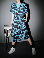 Women Printed Short Sleeve Shirt Over Knee Skirt Suit