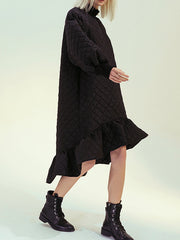 Retro Modern Style High Neck Diamond Quilted Loose Cotton Dress Fishtail Skirt Dress