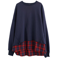 False Two Plaid Split-Joint Loose Sweatshirt