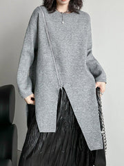 Asymmetric Pure Color Zipper High-low Long Sleeves Round-neck Sweater Tops Pullovers