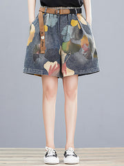 Summer Floral Printed Denim Shorts Pants