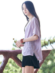 White&Purple High-low Short Sleeves Ramie Cotton T-shirt