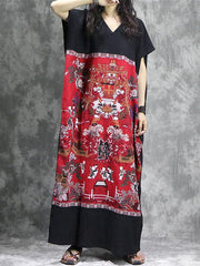 National Printed Black&Red Ramie Cotton Long Dress