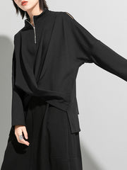 Women Loose Pleated Off Shoulder Long Sleeve T-Shirt