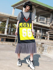 Lettered Print Splicing Mesh Jean V-Neck Suspender Dress