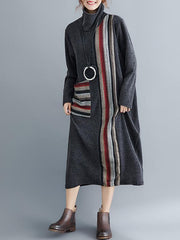 Casual Striped High-neck Midi Dress