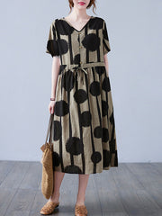 Retro Printed V-Neck Short Sleeve Midi Dress
