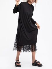 Long Sleeves Roomy Gauze Pure Color Round-Neck Midi Dresses
