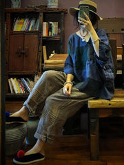 Original Retro Plaid V-neck Linen T-shirt