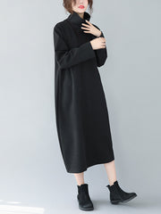 High-Neck Solid Simple Midi Dress