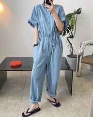 Round Neck High Waist Elastic Drawstring Straight Leg Jumpsuit