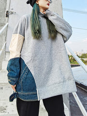 Women Stitching High Neck Pullover Solid Color Sweatshirt