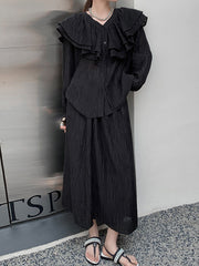 Long Sleeves Pleated Pure Color V-Neck Shirts Tops + High Waisted Skirts Two Pieces Set