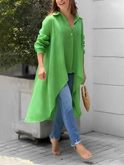 High-Low Long Sleeves Buttoned Solid Color Lapel Collar Blouses&Shirts Tops