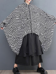 High-Low Loose Plaid Zipper Stand Collar Outerwear
