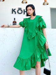 Solid Falbala Bishop Sleeve Asymmetric Midi Dress