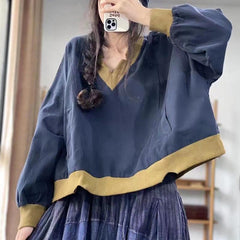 Casual V-Neck Stitching Plus Size All-Match Long Sleeve Top