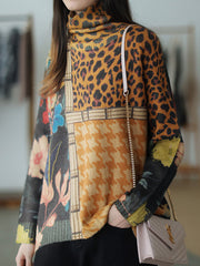 Soft Retro Printed Long Sleeves High Neck Top