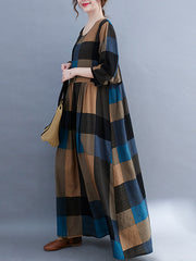 Loose Plaid Printed Long Sleeve Maxi Dress