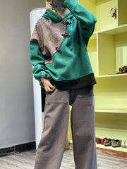 Women Stitching Printed Loose Hooded Plus Fleece Sweater