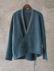 Vintage Neckline Embroidered Knit Cardigan Sweater