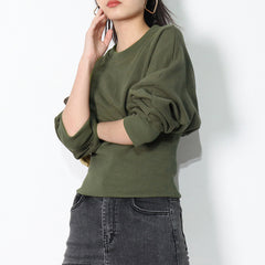 Simple Dark Green Round Neck Short Sweatshirt