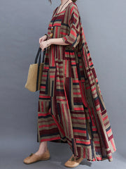 Retro Round Neck Short Sleeve Loose Striped Dress