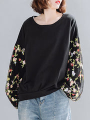 Spliced Mesh Embroidered Loose Sweatshirt