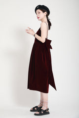 Open Back Big Bow Velvet Suspender Midi Dress