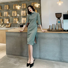 Stand Collar Slash Checkered Cheongsam With Low Slit Midi Dress