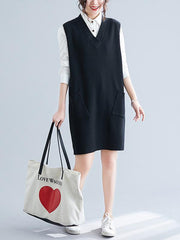 Solid Color V-Neck Knitting Long Vest